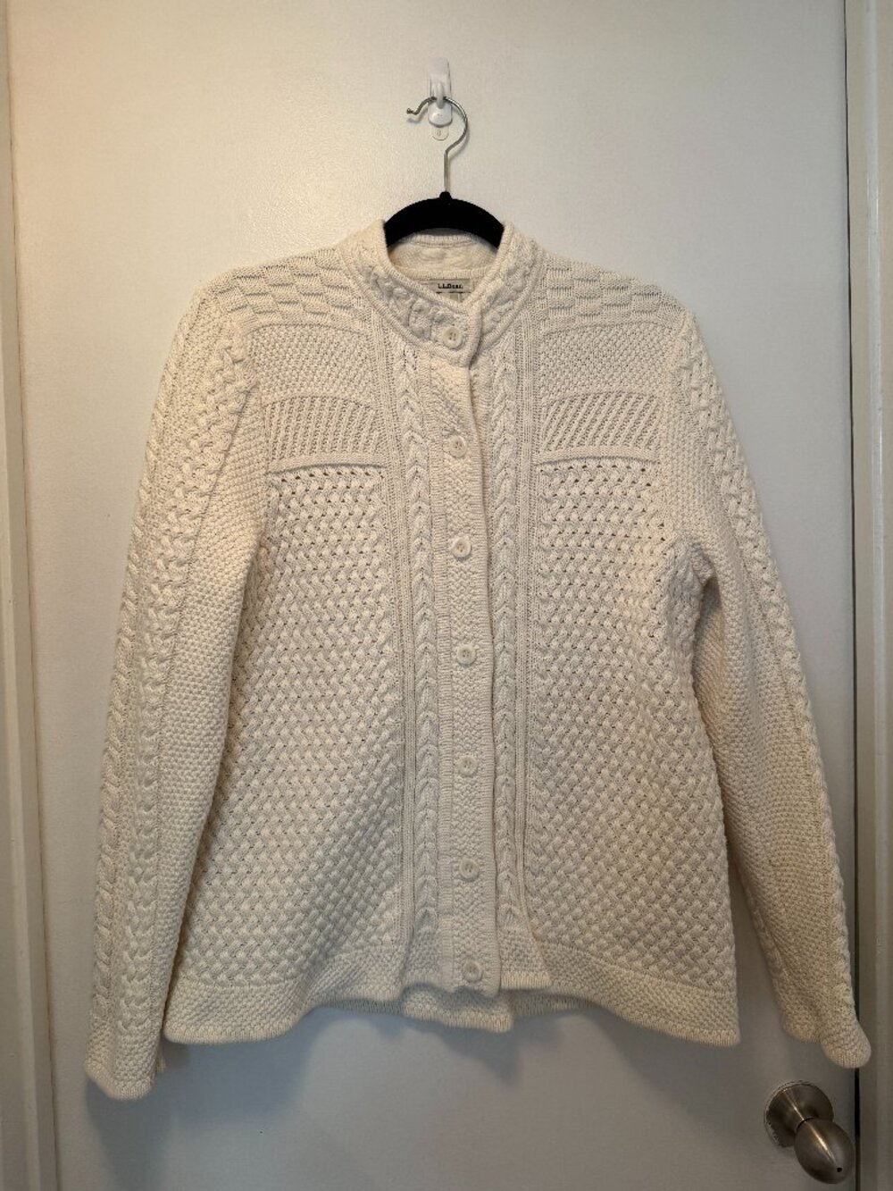 L.L. Bean Heavyweight Cotton Fisherman Sweater Cardigan | Cream | Fits S/M